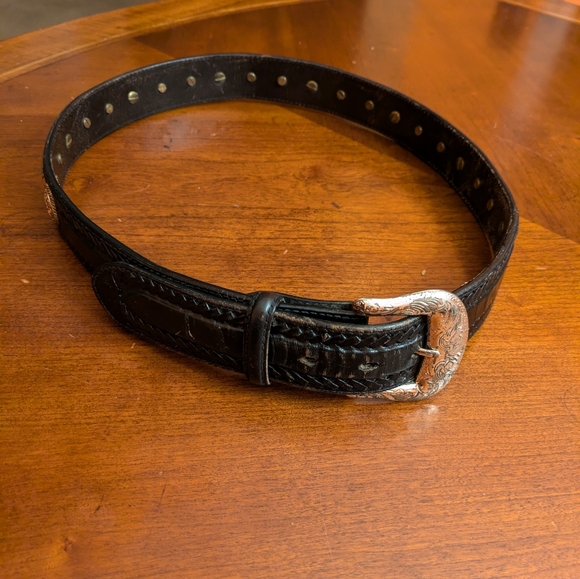 Vintage leather black  studded western  size 35 waist silver buckle main image 8